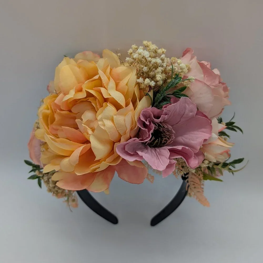 Frida Kahlo-Inspired Peach Fuzz & Pink Flower Headband - Picture 5 of 13